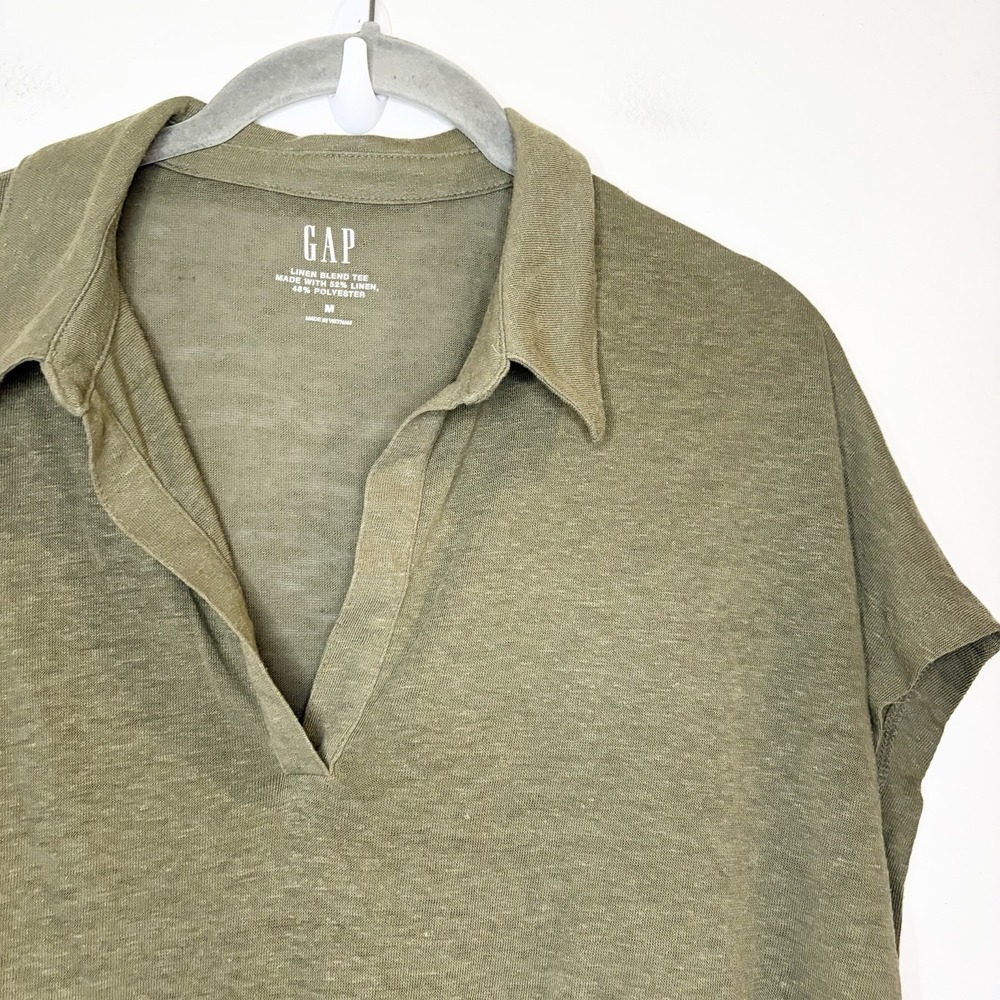 GAP Women's Green Linen Blend V-Neck Cap Sleeve Cropped Polo Shirt Size M - Picture 3 of 6
